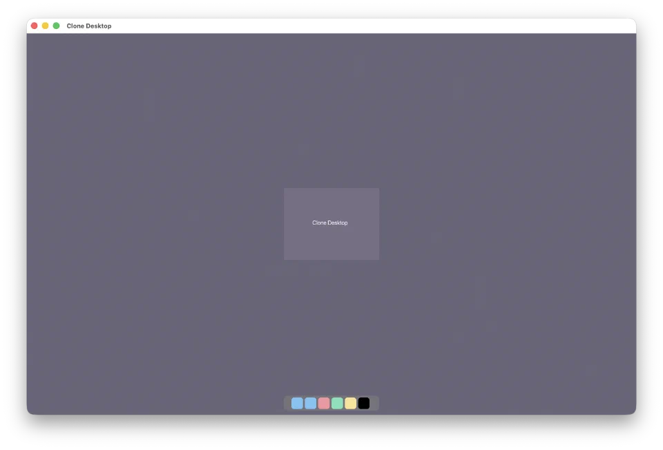 The first Clone Desktop render: a grey surface, centered label, and a color-swatch dock