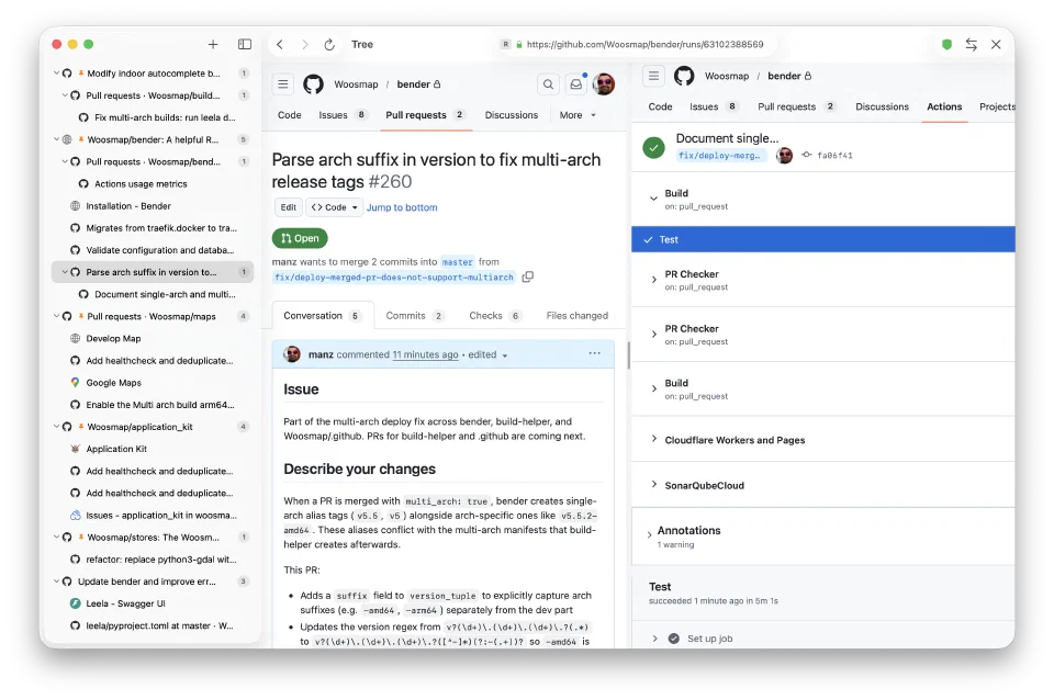 Split view showing a PR and its CI checks side by side, with the browsing tree in the sidebar
